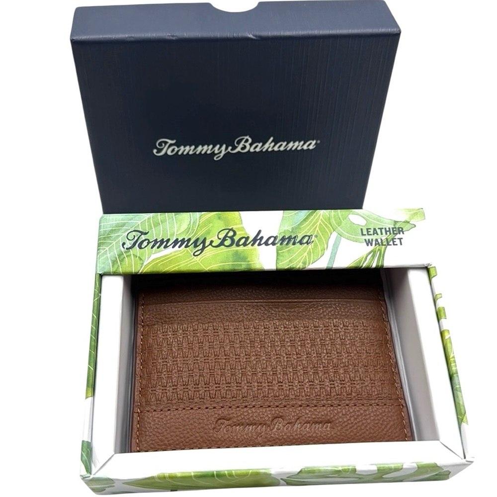 Tommy Bahama Tan Basket Weave Leather Card Case Slim Wallet Men's